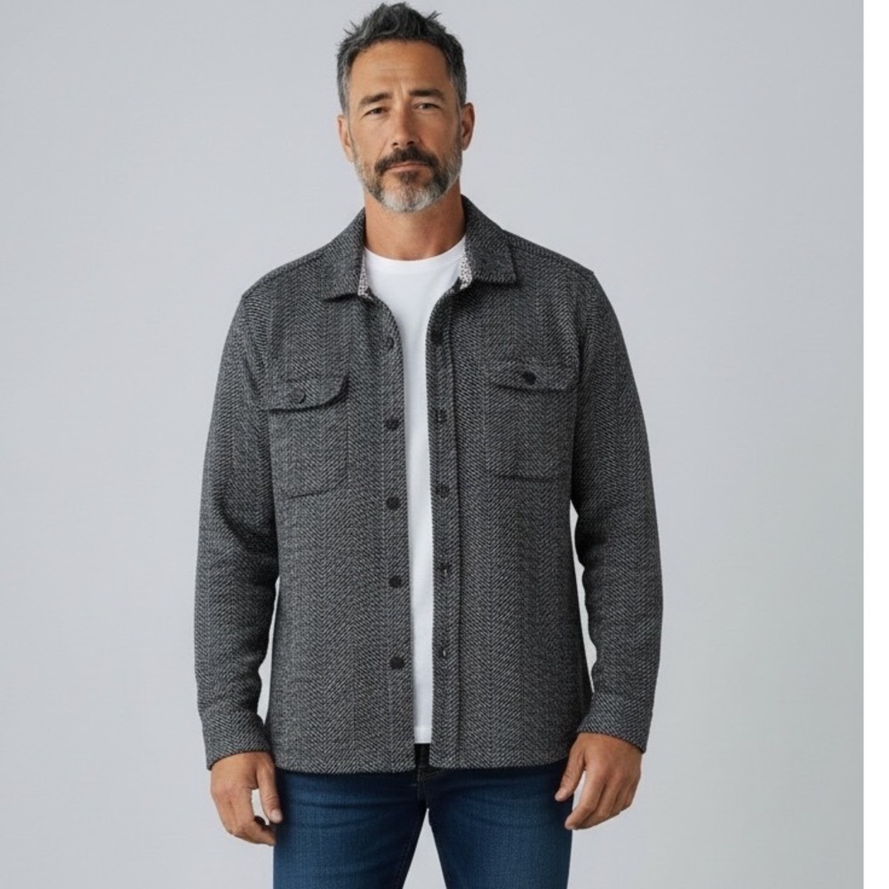 Ted Baker London Chelts Grey Herringbone Shacket Mens Size 4 L Button Jacket